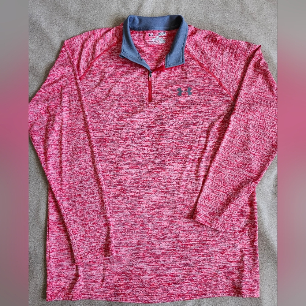 Under Armour UA Tech 1/2 Zip long-sleeve shirt in a red heathered  pattern.